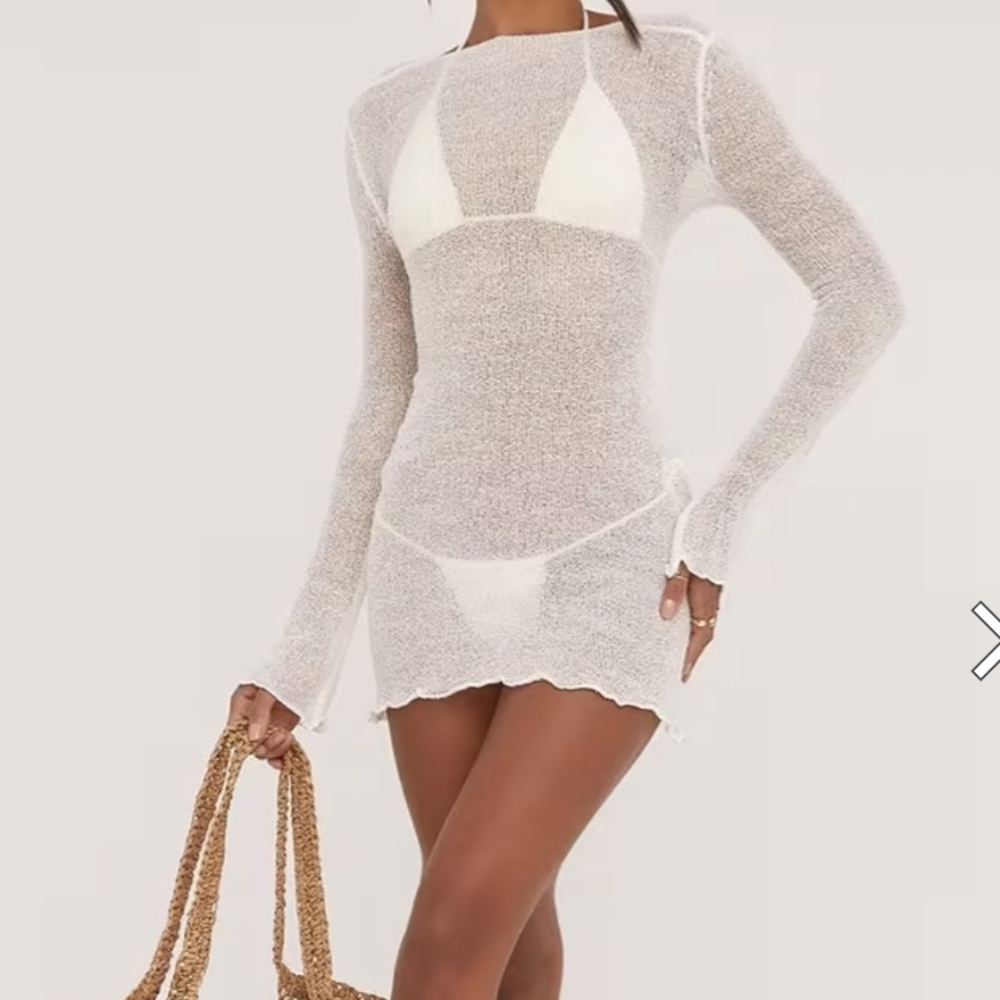 #106 NWT Ego Long Sleeve Open Back Mini Beach Dress In White Texture, Size L